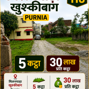 🏡मिलनपाड़ा, KHUSHKIBAGH PURNIA में 5 कट्ठा जमीन बिक्री के लिए PN 118
