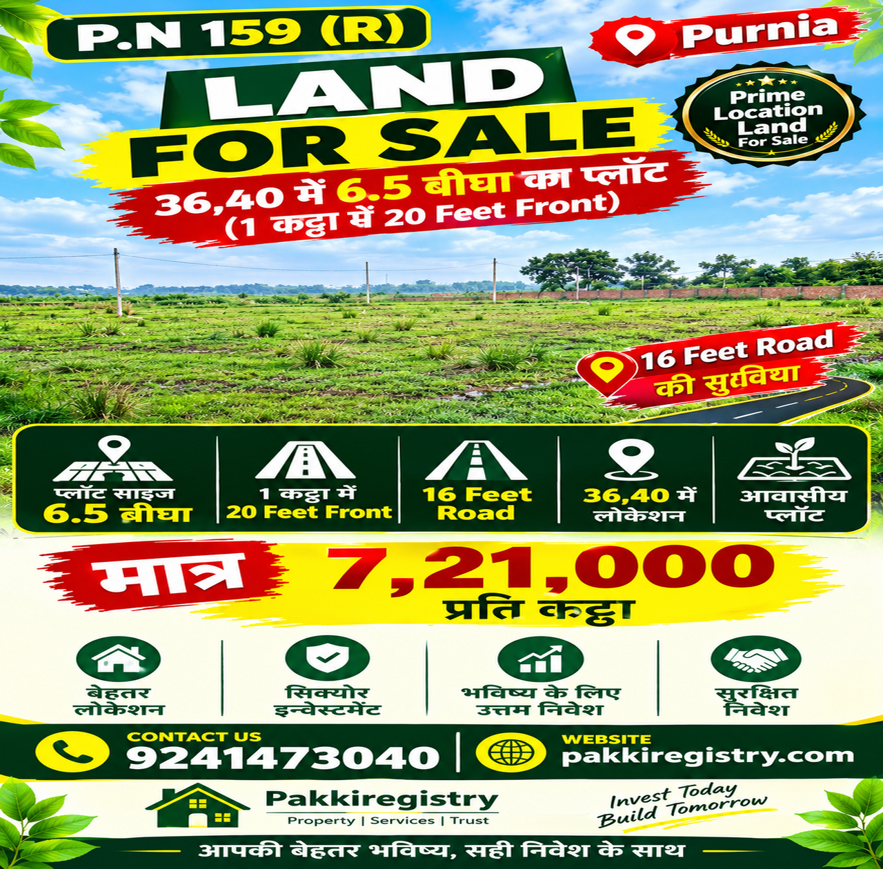 🏡 36,40 में 6.5 बीघा PLOT बिक्री के लिए PN 159