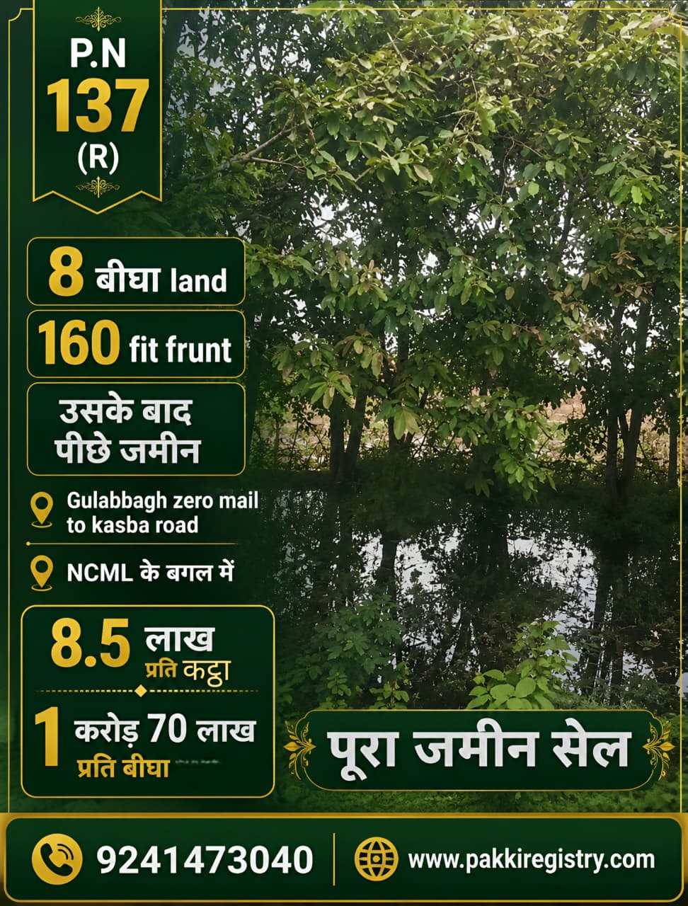 🏡 GULAB BAGH – ZERO MILE TO KASBA ROAD में 8 बीघा LAND बिक्री के लिए PN 137